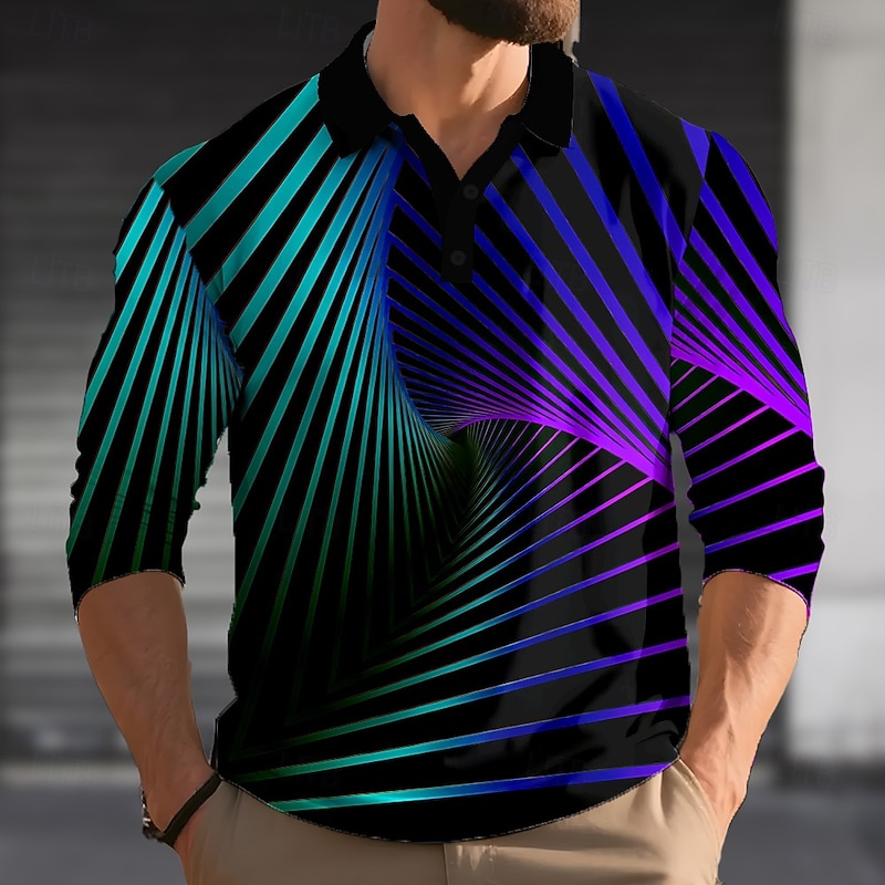 Men's 3D Geometic Polo Long Sleeve Polo Shirts Lapel Casual Outdoor Street Athleisure Daily Wear 3D Print Buttons Spring Fall Winter Lake blue Red Green
