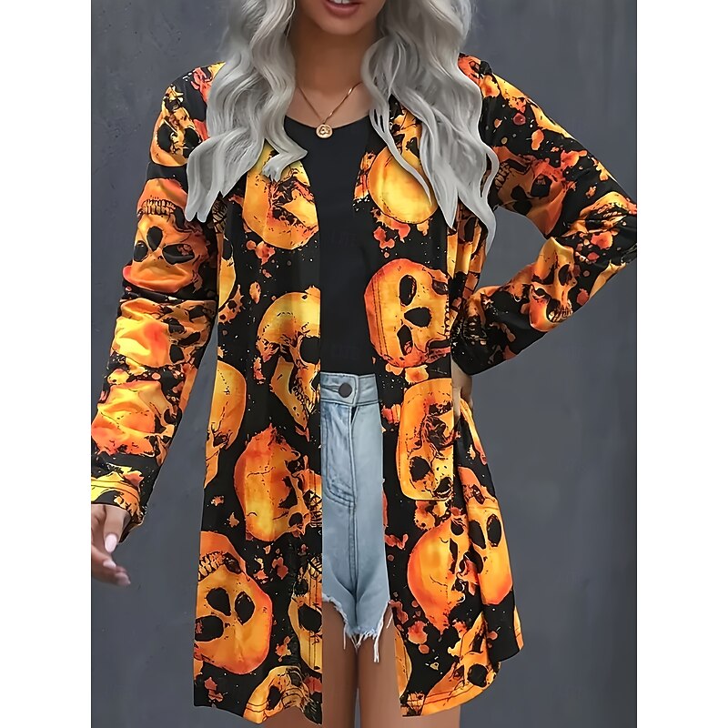 Halloween Women's Coat Lightweight Comfortable Skulls Print Open Front Vintage Artistic Casual Skull Casual Long Collarless Regular Fit Long Sleeve Outerwear Orange Spring Fall2