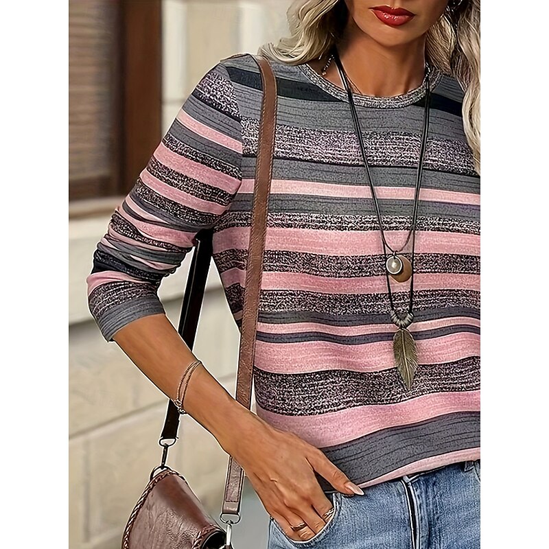 Women's T Shirt Graphic Geometric Striped Vintage Stylish Classic Long Sleeve Crew Neck Round Neck Regular Tops Daily Print Dusty Rose Spring Fall Winter3