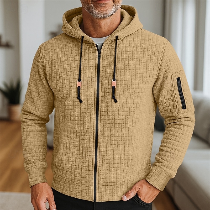 Men's Hoodie Full Zip Hoodie Waffle Hoodies Wine Red Black White Army Green Navy Blue Hooded Plain Zipper Textured Sports & Outdoor Casual Daily Streetwear Cool Sportswear Spring &  Fall Clothing2