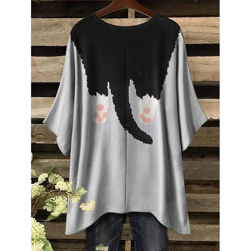 Women's Blouse Graphic Animal Cat Vintage Daily Casual Half Sleeve Batwing Sleeve Crew Neck Long Tops Daily Holiday Beach Wear Asymmetric Yellow Red Blue Camel Gray Summer Spring2