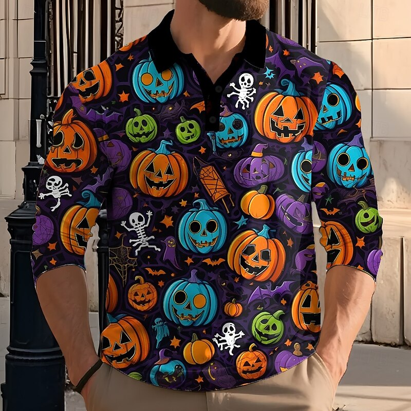 Halloween Men's Pumpkin Spider Polo Long Sleeve Polo Shirts Lapel Casual Dark Street Athleisure Daily Wear 3D Print Buttons Spring Fall Winter Purple Orange