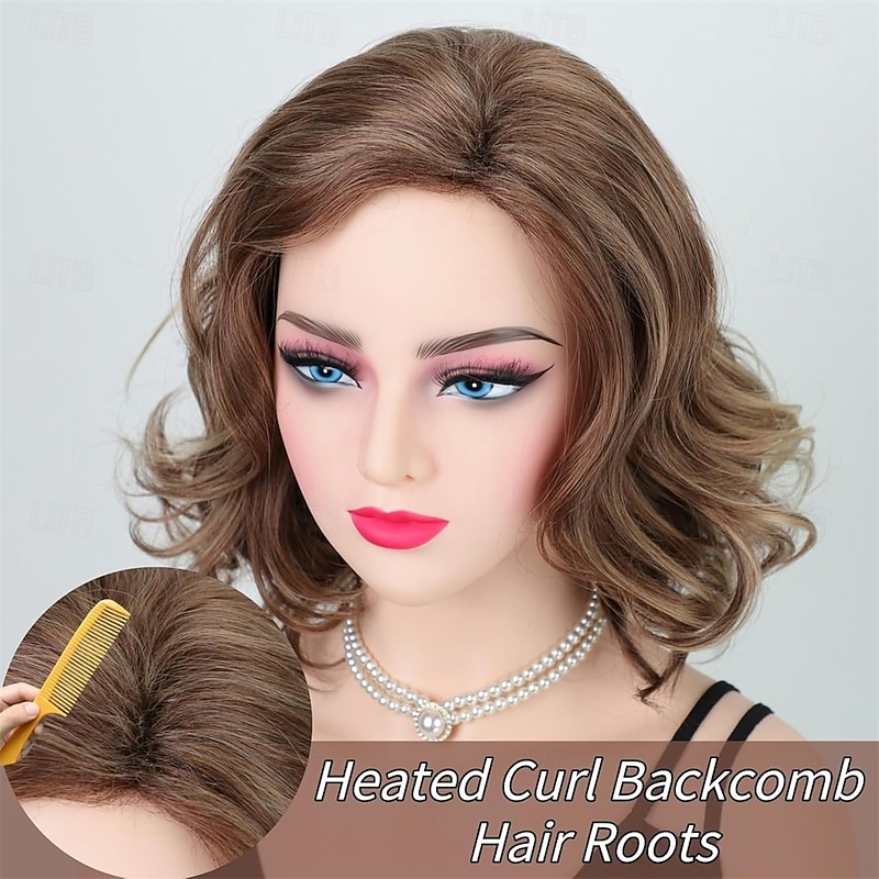 Brown Mix Blonde Short Wavy Bob Wigs for White Women Layered Casual Bob Hairstyle 12inch Heat Synthetic Average Size Wig Side Part Daily Party Wig2