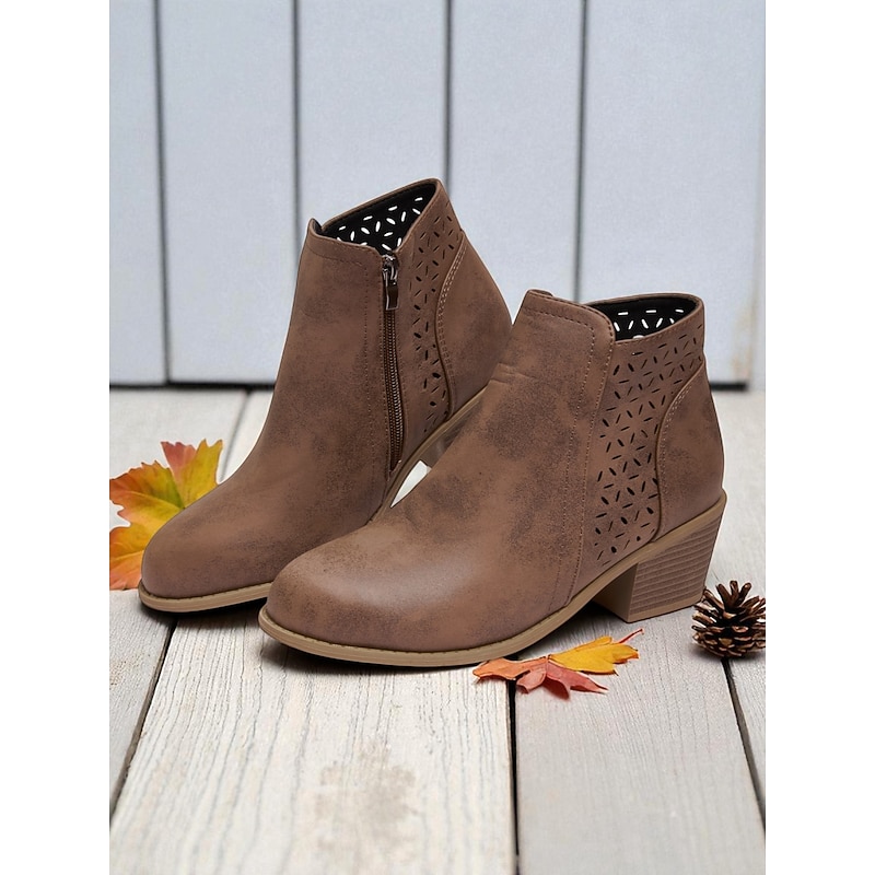 Women's Ankle Boots with Cutout Design – Casual Low Heel Short Booties for Fall Fashion, Work and Weekend Outings2