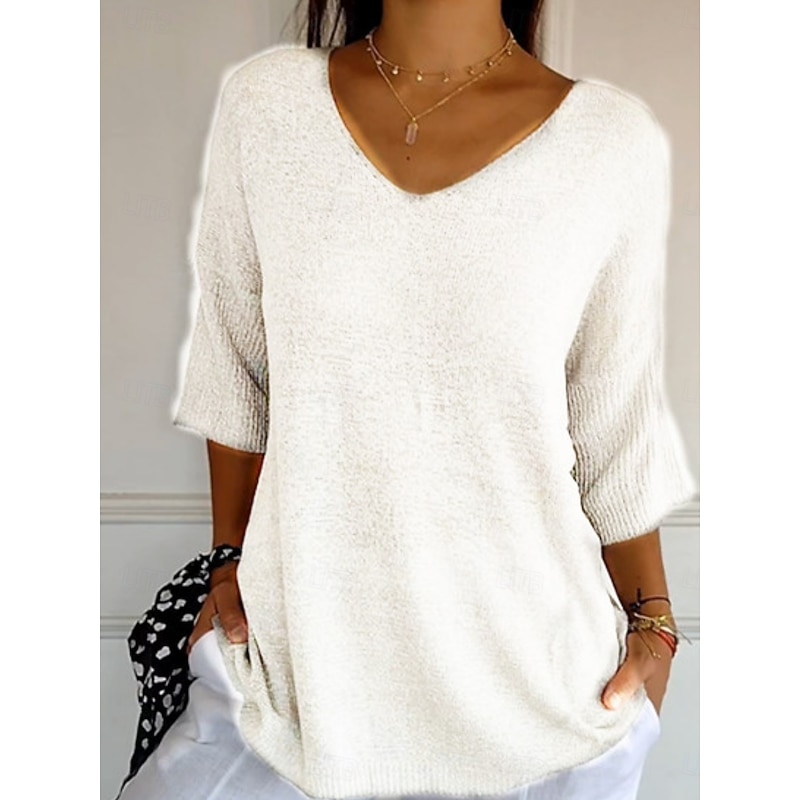 Women's Sweater Pullover Daily Stylish Casual Solid Color Ribbed V Neck Knitted 3/4 Length Sleeve Regular Tops Knit Outdoor Daily Black White Summer Spring