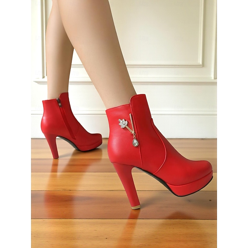 Women's Red High Heel Ankle Boots with Platform and Zipper Charm – Elegant Faux Leather Dress Booties for Christmas Party, Winter Fashion and Evening Outfits4