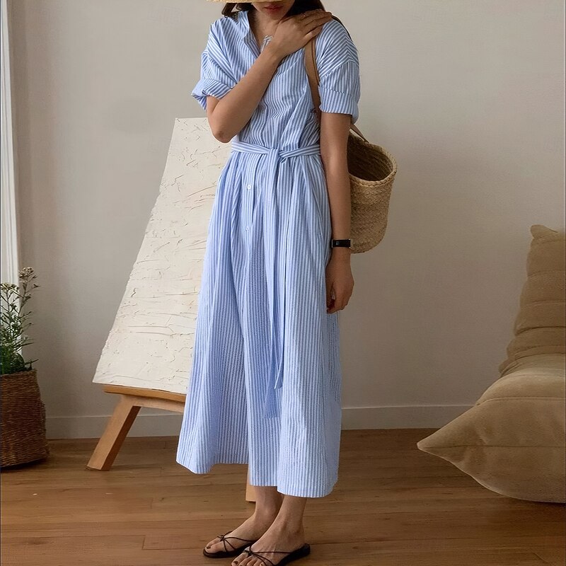 Women's Long Dress Maxi Dress Shirt Dress Fashion Daily Regular Fit Line Short Sleeve Crew Neck Blue Summer