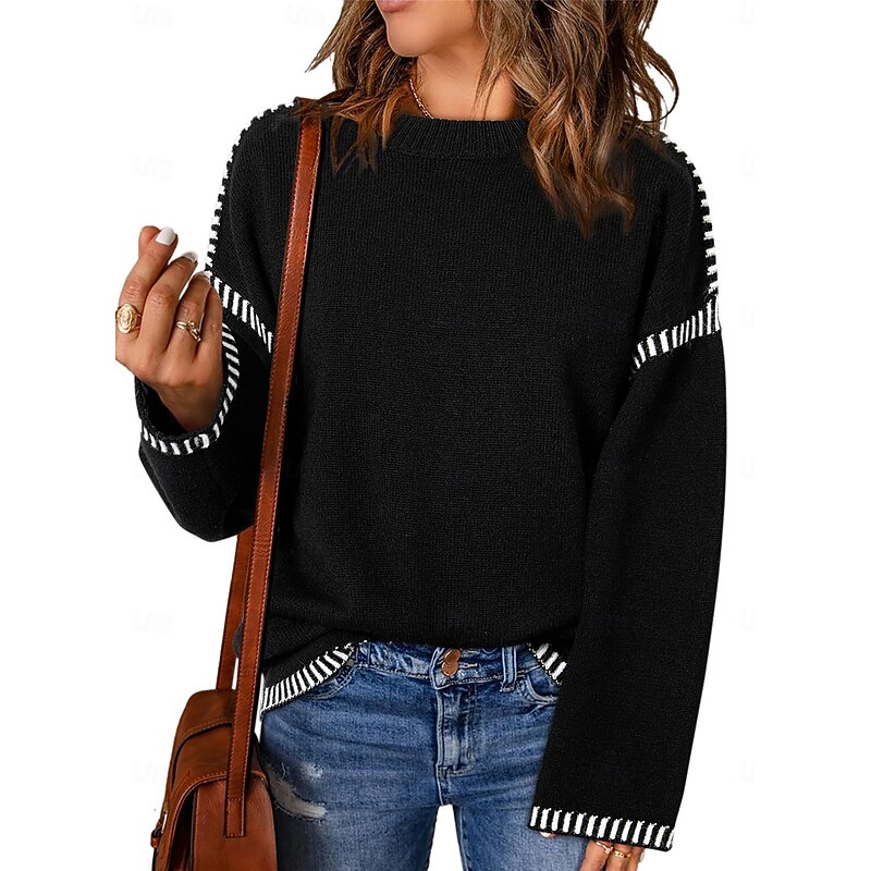 Women's Sweater Casual Soft Striped Ribbed Crew Neck Knitted Long Sleeve Regular Tops Knit Outdoor Daily Weekend Black White Fall Winter3