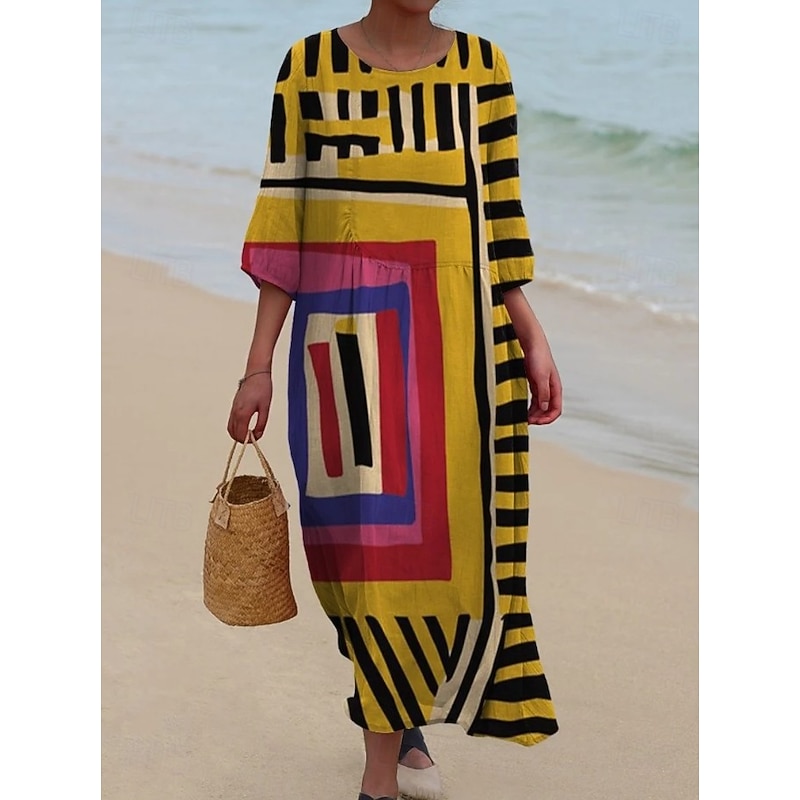 Women's Maxi Dress Kaftan 3/4 Length Sleeve Crew Neck Casual A Line Dress Dress Boho Graphic Geometric Yellow Red Light Brown Brown3