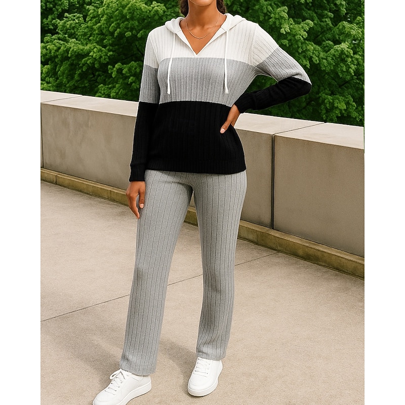 Women's Lounge Knitted Suits Drawstring Color Block Clothing Suit Fall & Winter Blue Khaki Outdoor Travel Sports Fashion Breathable Long Sleeve Sport Activewear Micro-elastic