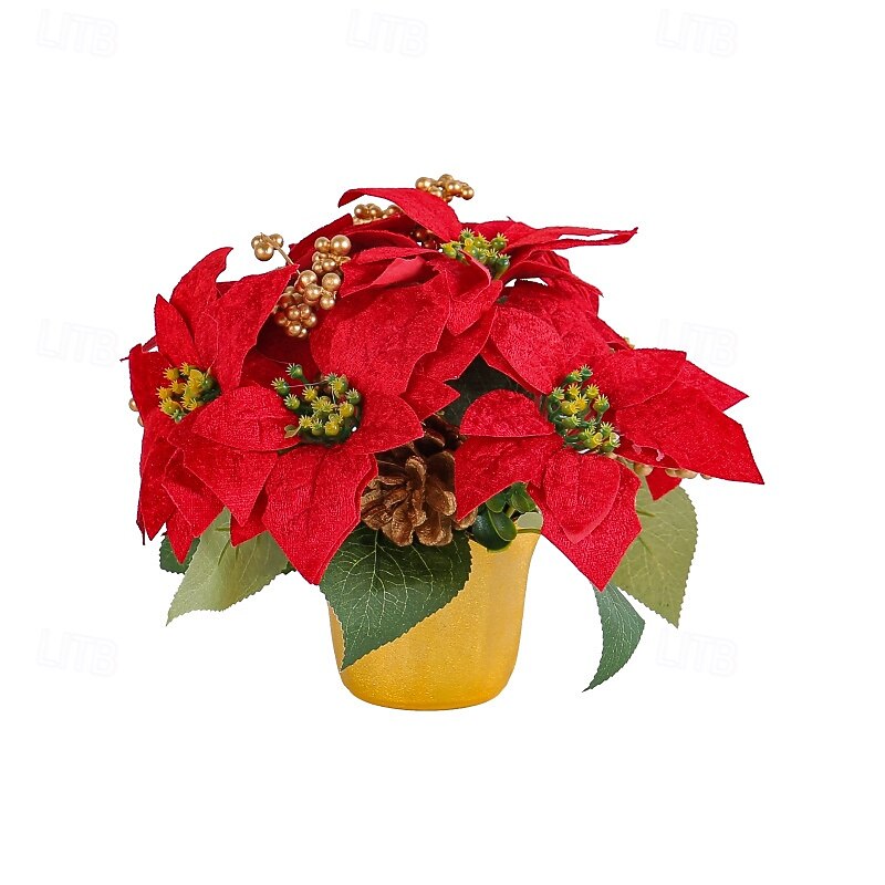 Christmas Artificial Poinsettia Potted Plant, Red Holiday Tabletop Decoration, Faux Floral Arrangement for Home, Restaurant, Bar, Christmas Wreath Accent2