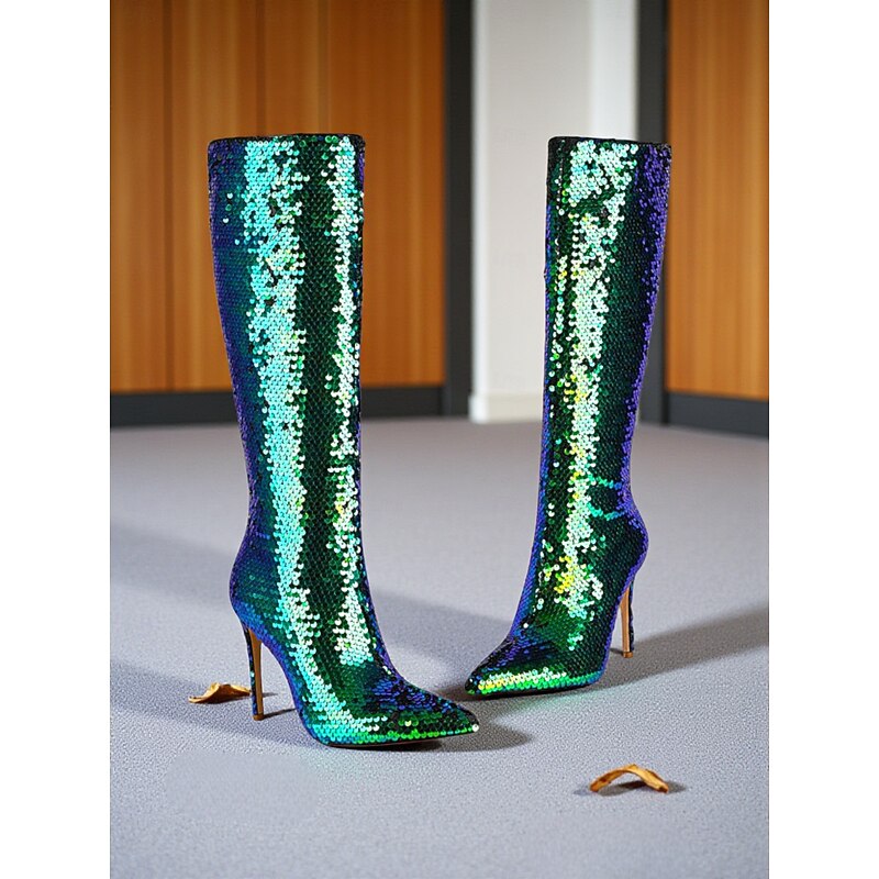 Women's Sequin Knee High Boots - Shiny Stiletto Heel Party Boots for Ladies, Glamorous Fashion Footwear for Nightclub, Stage Performance and Evening Outfits4
