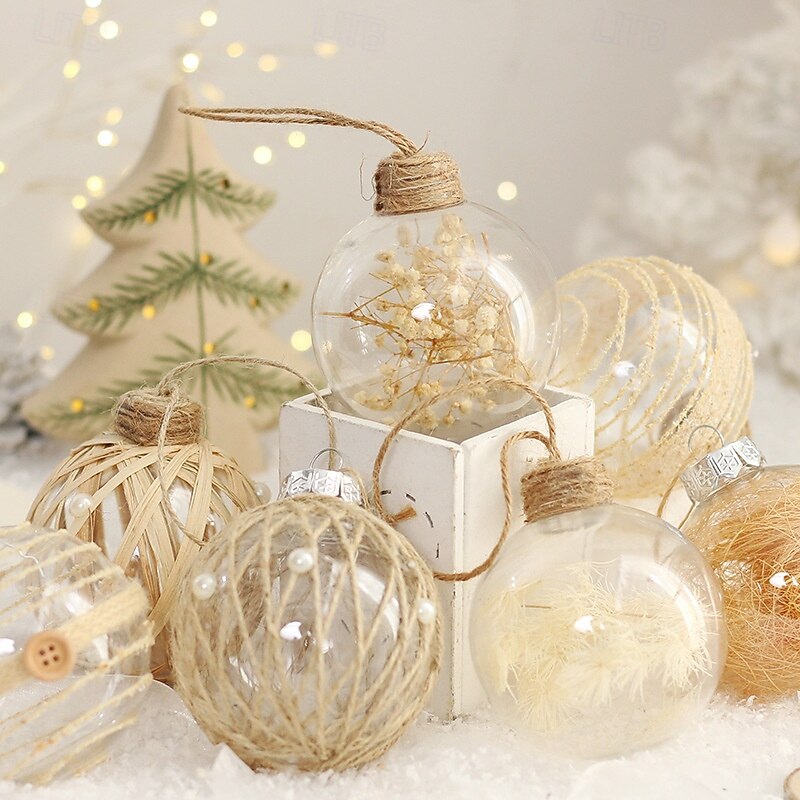 6pcs/set Christmas Baubles Ornament Transparent PET Twine Wrapped Ball Set Dried Flower-Filled Christmas Balls Xmas DIY Transparent Baubles for Home Party Decor2