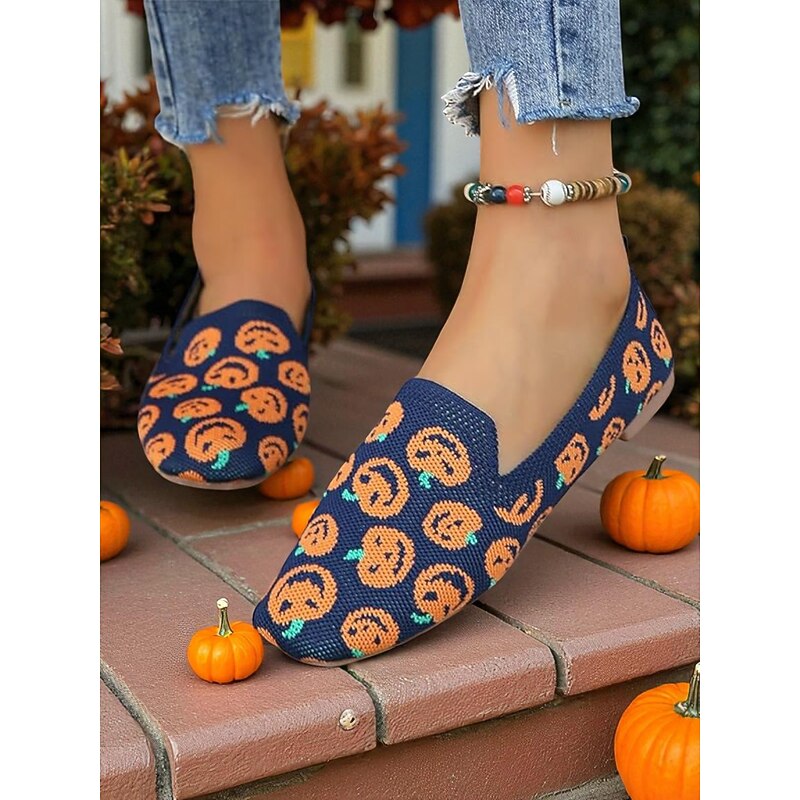 Women's Knit Pumpkin Print Square Toe Flats - Halloween-Themed Casual Slip-On Shoes for Fall Parties and Daily Wear4