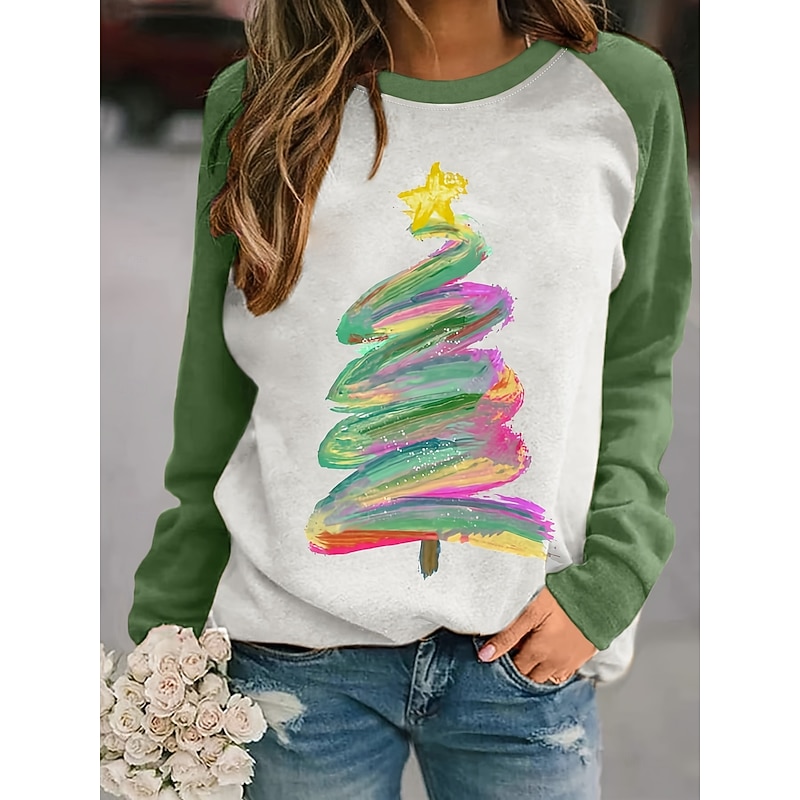 Women's Pullover Graphic Christmas Tree Casual Long Sleeve Crew Neck Regular Tops Casual Holiday Black Pink Red Blue Green Spring Fall Winter