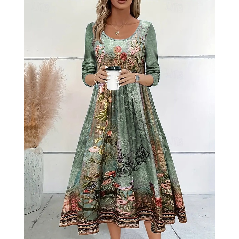 Women's Midi Dress Casual Dress Print Dress Vintage Modern Daily Date Weekend Regular Fit Flower Long Sleeve Crew Neck Blue Green Light Blue Spring Fall