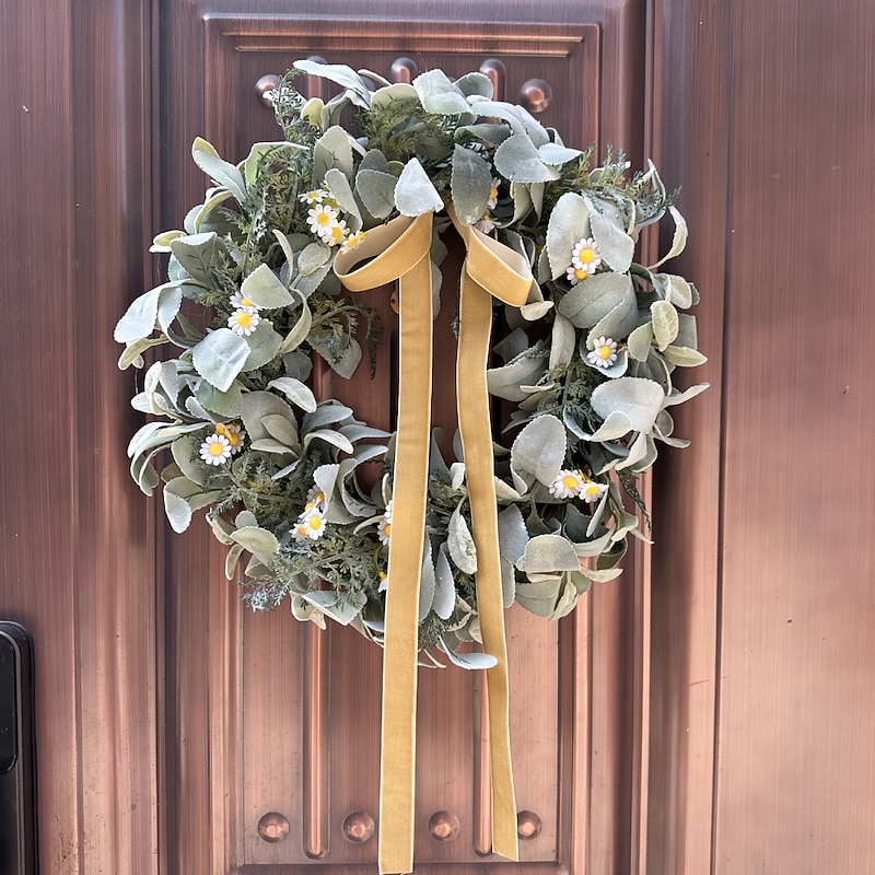 Christmas Wreath for Front Door, Artificial Gray Leaves and White Flowers Eucalyptus Garland, Spring Holiday Home Decor, Wall Hanging Door Wreath4