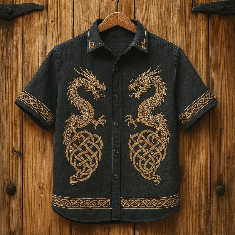 Men's Dragon Tree Of Life Shirt Summer Shirt Casual Shirt Short Sleeves Hawaiian Casual Resort Vacation Daily Wear Going out Summer Lapel Print Black Brown Khaki2