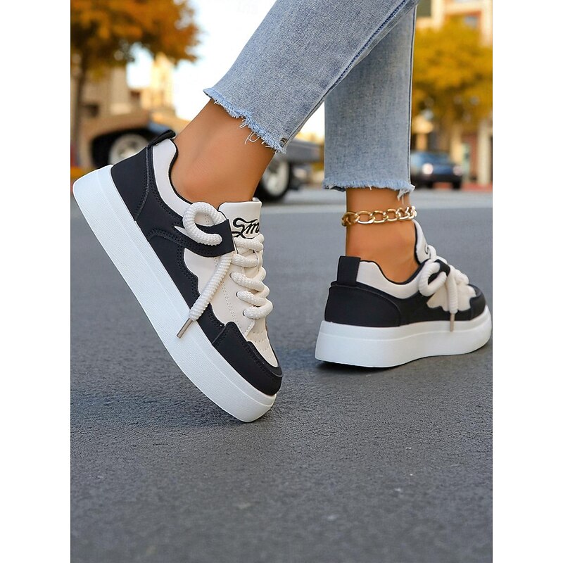 Women's Trendy Black & White Chunky Sneakers - Perfect Back - to - School Shoes for Campus Walks & Class Outfits4
