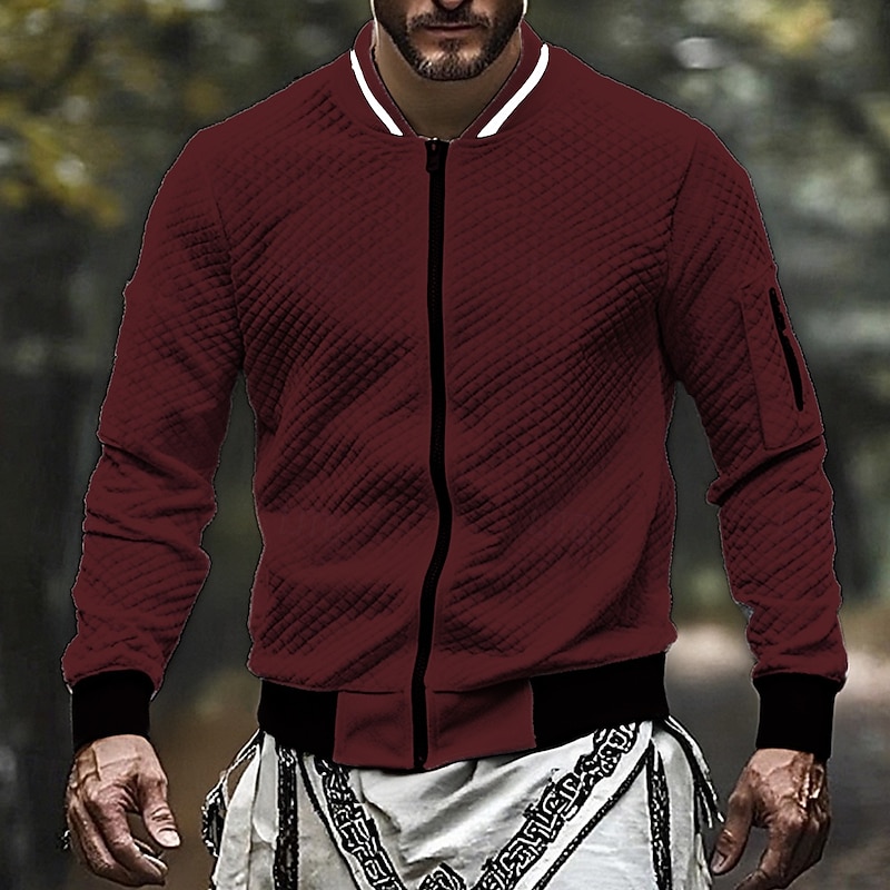 Men's Sweatshirt Full Zip Sweatshirt Black White Wine Navy Blue Light Grey Standing Collar Plain Jacquard Zip Up Sports & Outdoor Daily Holiday Polyester Streetwear Basic Casual Fall Winter Clothing4