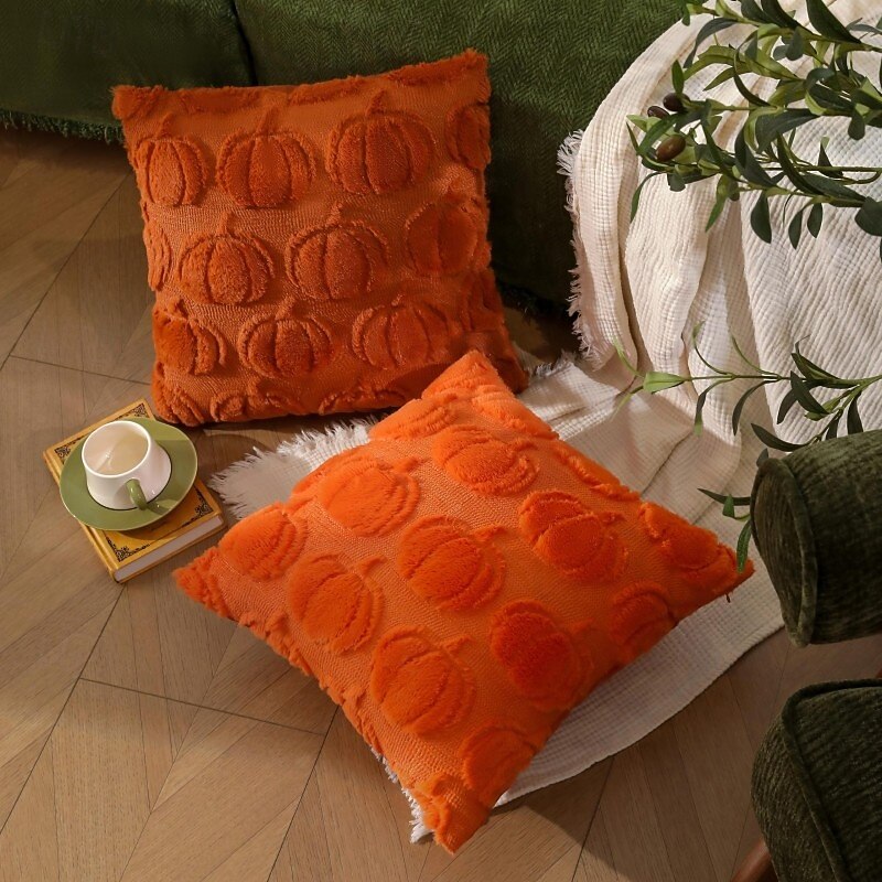 Fall Throw Pillow Cover 18 x 18 Inch Pumpkin Cushion Cover for Thanksgiving and Halloween Decoration, Rust Beige and White, Sofa Bed Decor2