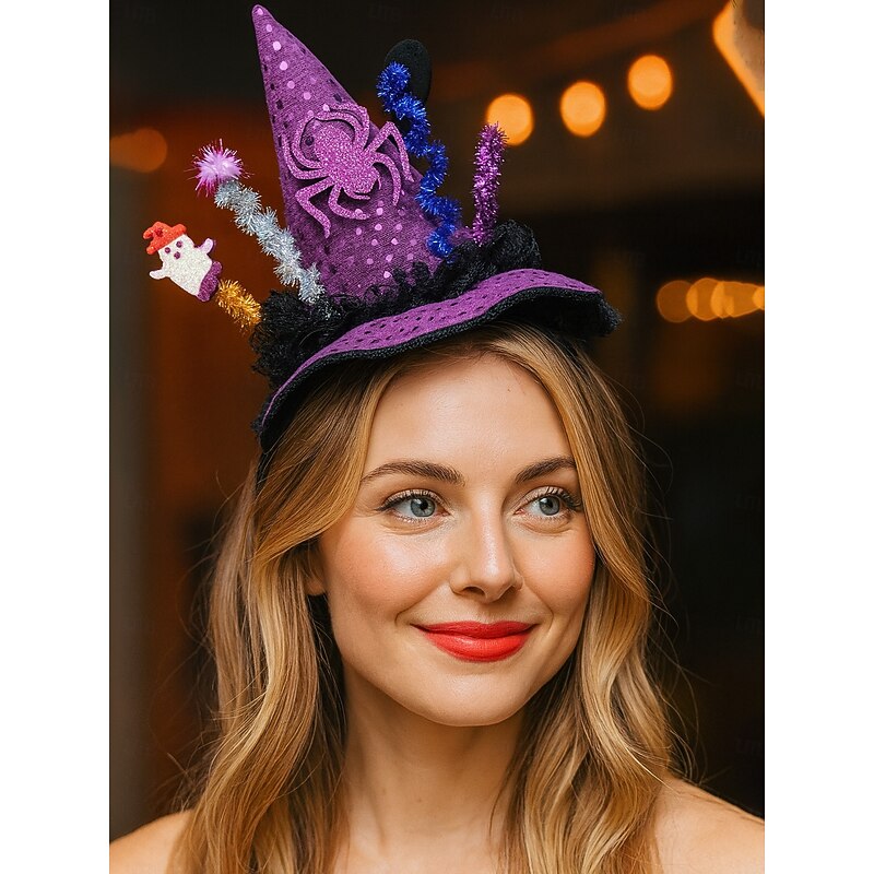 Women's Halloween Witch Hat Headband - Purple Spider and Ghost Decor Costume Accessory for Party, Cosplay and Dress Up