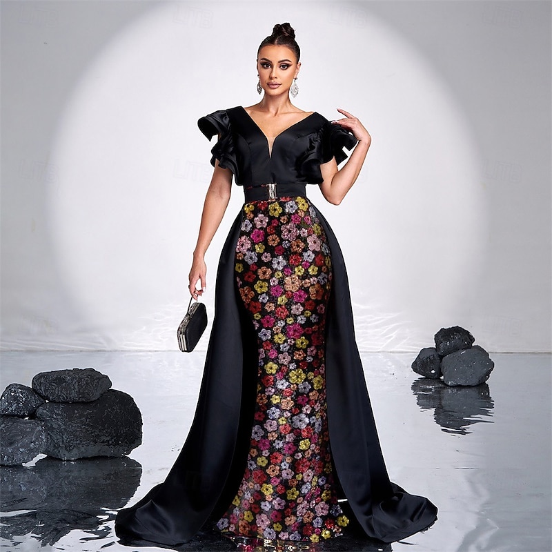A-Line Evening Dresses Elegant Dress Formal Wedding Sweep / Brush Train Sleeveless V Neck Sequin Floral with Ruffles