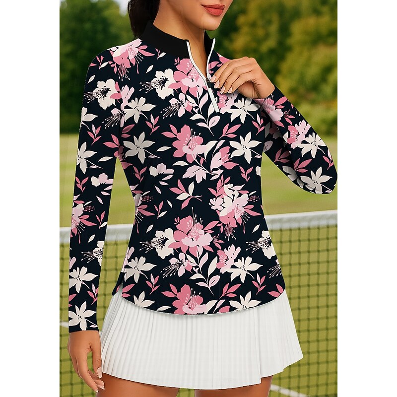 Women's Floral Tops Golf Polo Shirt Tennis Shirt Tennis Tee Long Sleeve Floral Print Quarter Zip UV Protection Elastic Breathable Volleyball Tennis Golf Stand Collar Zip Collar Shirt Polo Pink Tennis