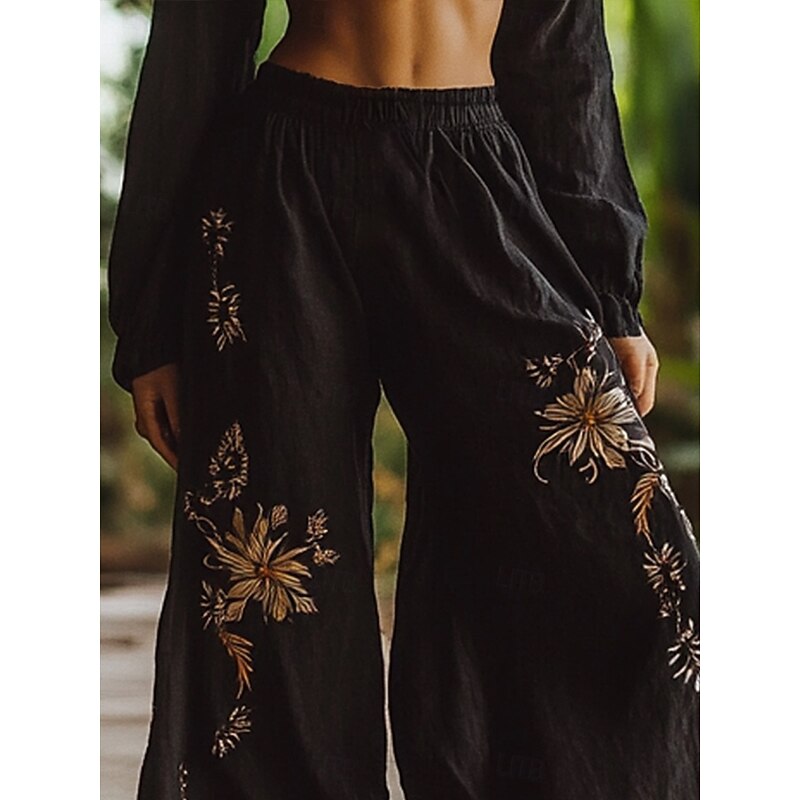 Women's Wide Leg Pants Trousers Vacation Casual Long High Waist Floral Elastic Waist Printing High Cut Breathability Soft Micro-elastic Vacation Street Daily Wear Black Spring Fall Regular Fit2