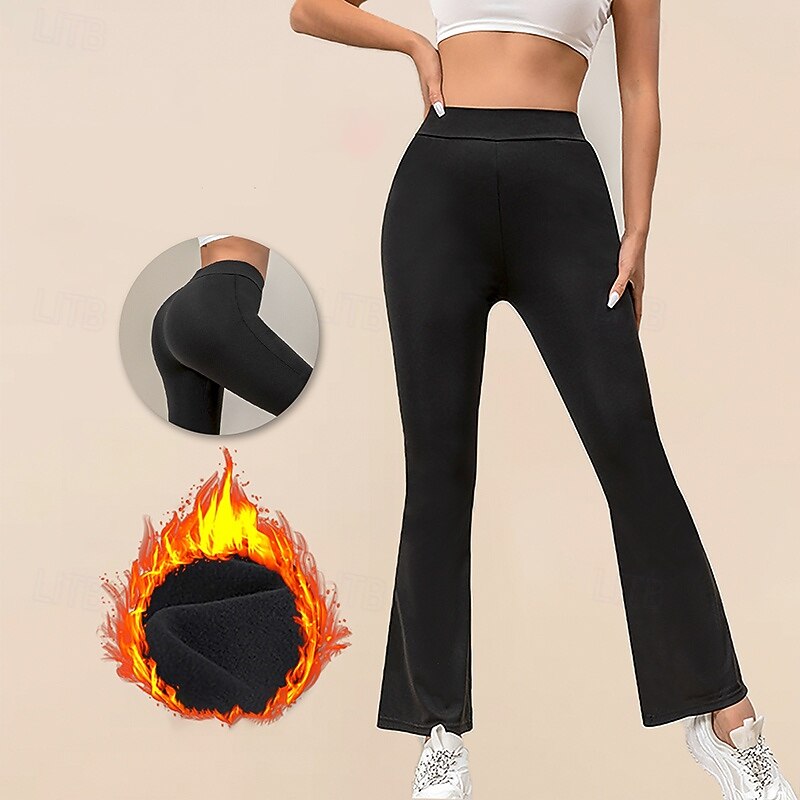 Women's Flared Leggings Fleece Yoga Leggings High Waist Gym Athletic Pilates Bottoms Solid Color Black Winter Sports Activewear