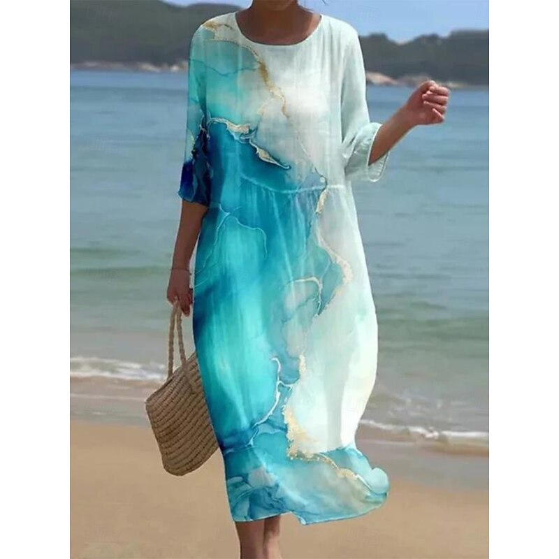 Women's Maxi Dress Kaftan 3/4 Length Sleeve Crew Neck Casual Shift Dress A Line Dress Dress Boho Daily Holiday Date Graphic Abstract Sky Blue Green Dark Blue Peacock Blue Spring2