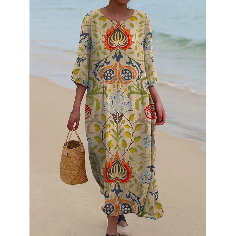 Women's Maxi Dress Kaftan 3/4 Length Sleeve Crew Neck Casual Shift Dress Dress Boho Daily Holiday Date Floral Graphic Yellow Pink Blue Green Spring Fall