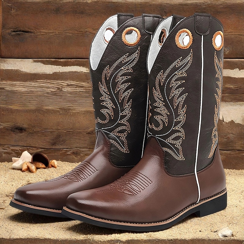 Men's Brown and Black Western Cowboy Boots – Embroidered Tall Riding Boots for Country Events, Rodeos and Music Festivals
