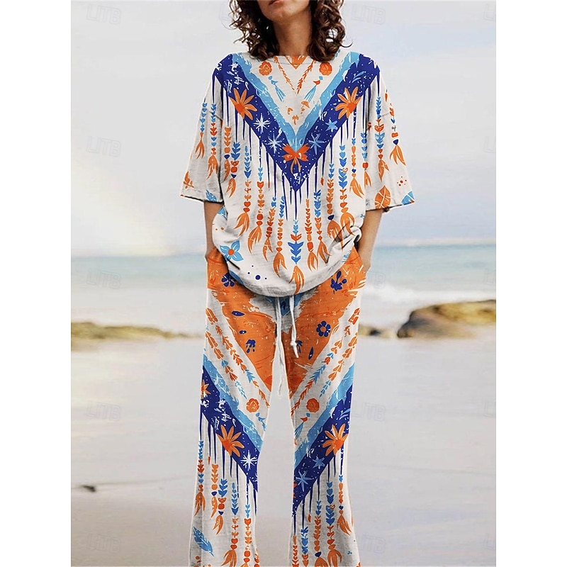 Women's Active Fashion Pants Sets 3/4 Length Sleeve Crew Neck Geometric Color Block Print Vacation Daily Holiday Blue Purple Orange Summer Regular Fit