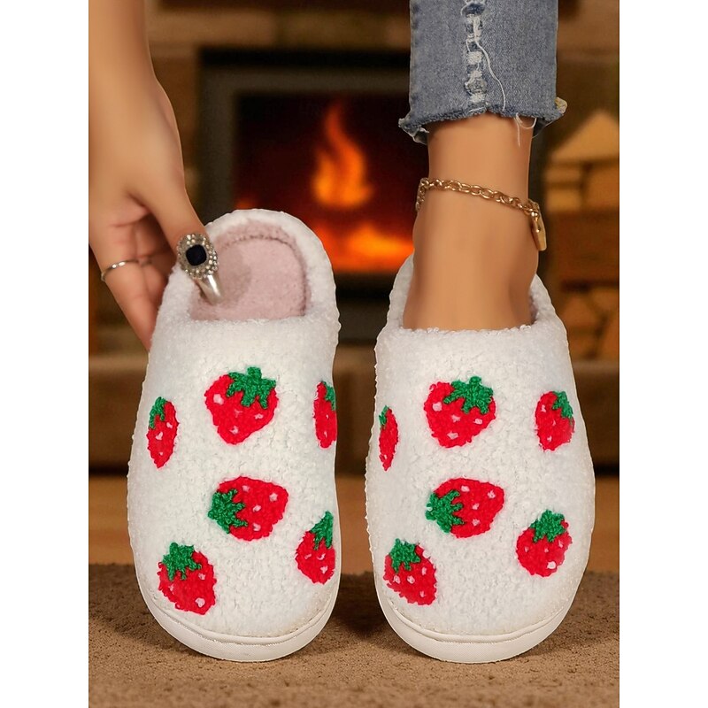 Women's Fleece Slippers with Cute Cherry Embroidery, Warm Indoor House Shoes for Christmas Winter Wear, Bedroom and Cozy Home Wear3
