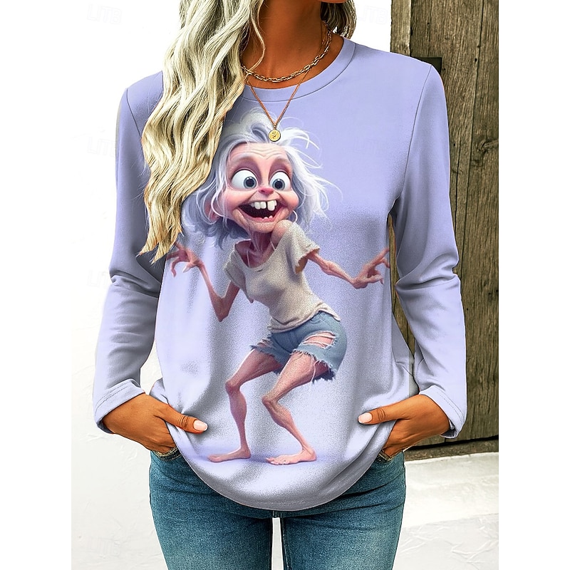 Women's T Shirt Graphic Cartoon Gradient Vintage Stylish Classic Long Sleeve Crew Neck Regular Tops Daily Print Pink Purple Khaki Gray Spring Fall Winter3