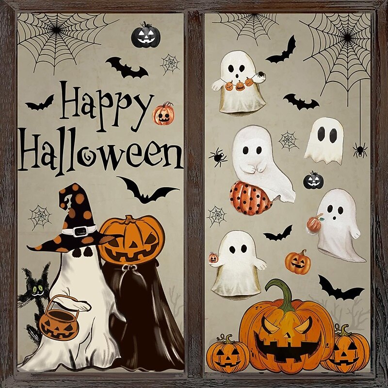 6 Sheet Halloween Ghost Window Clings, PVC Static Stickers with Pumpkins, Ghosts for Living Room Glass Window Decorations, Removable Halloween Holiday Decals