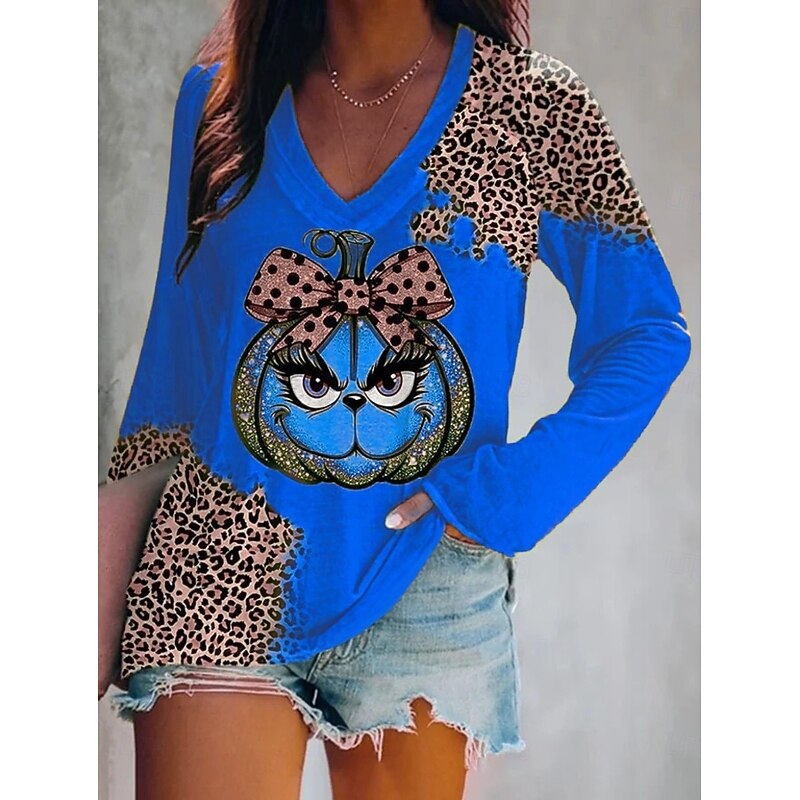 Halloween Women's T shirt Pumpkin Long Sleeve Graphic Animal Vintage Stylish Western Long Sleeve V Neck Regular Tops Daily Weekend Vacation Wear Print Blue Orange Green Spring Fall Witch Prefall3