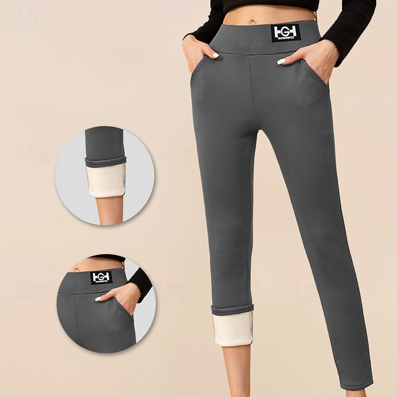 Women's Sherpa Pants Winter Warm Thick Leggings Fleece Lined High Waist Gym Athletic Pilates Bottoms Solid Color Black Grey Winter Sports Activewear