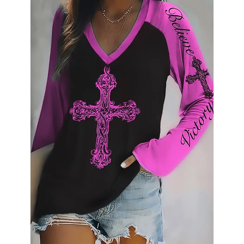 Women's T Shirt Graphic Letter Fashion Casual Long Sleeve V Neck Regular Tops Daily Weekend Print Red Blue Purple Fuchsia Green Summer Spring Fall2