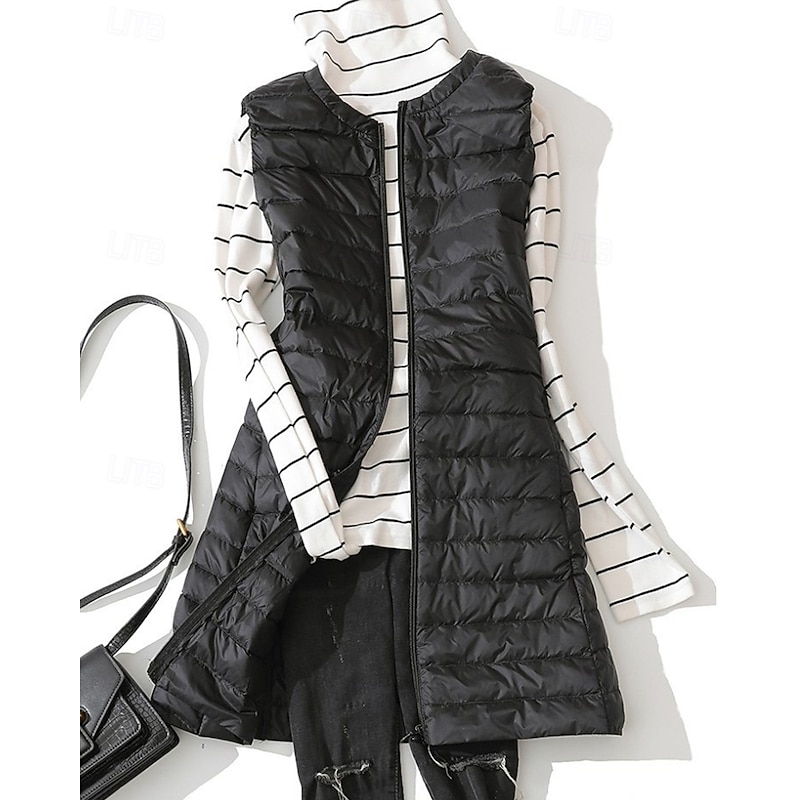 Women's Down Jacket Coat Warm Comfortable Zipper Pocket Fashion Plain Going out Casual Daily Weekend Zipper Long Crewneck Regular Fit Sleeveless Outerwear Black Pink Khaki Fall Winter3
