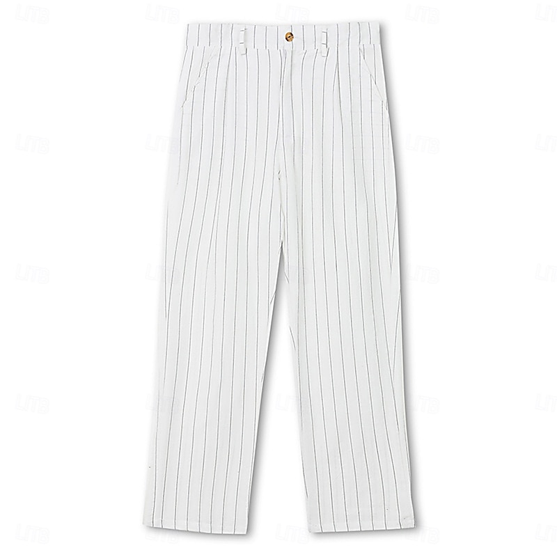 Men's Dress Pants Linen Pants Trousers Summer Pants Baggy Pants Pocket Straight Leg Striped Comfort Breathable Full Length Vacation Daily Holiday Vacation Hawaiian Black White Inelastic2