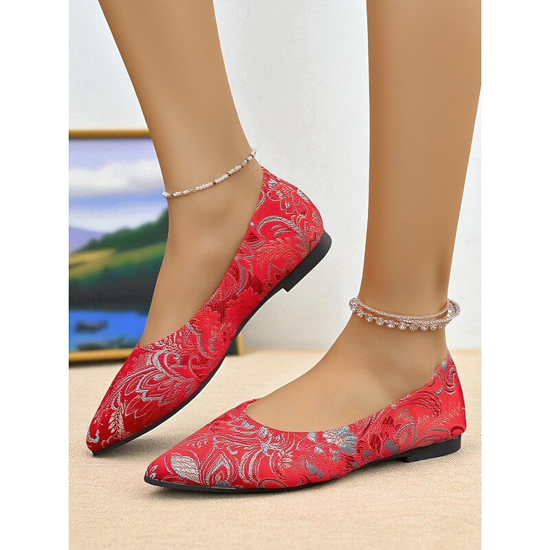 Women's Floral Embroidered Satin Pointed - Toe Flats - Vintage - Inspired Elegant Shoes for Casual Wear and Tea Parties