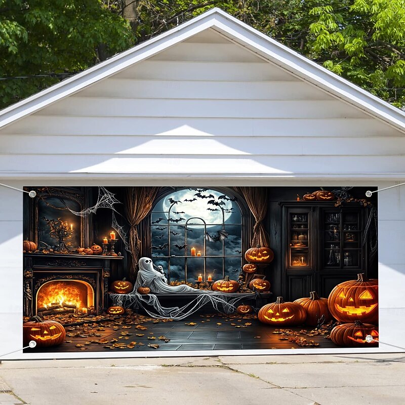 Halloween Garage Door Cover Large Hanging Backdrop Ghost Castle Dark Punk Gothic Style Party Outdoor Shooting Backgrounds Yard Haunted House Home Decor4