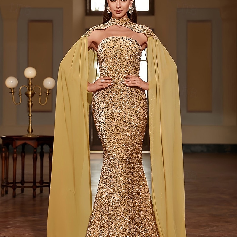 Black Tie Gold Cape Dress Mermaid / Trumpet Velvel Sequin Evening Gown Elegant Dress Formal Wedding Floor Length Sleeveless with Chiffon Cape 20253