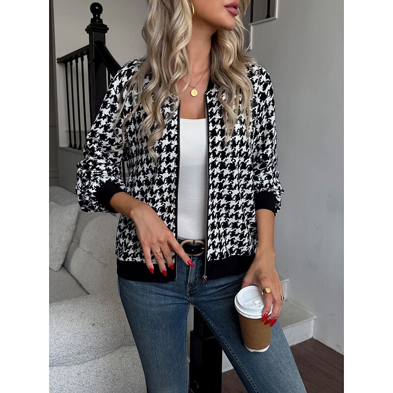 Women's Casual Jacket Comfortable Breathable Zipper Print Casual Houndstooth Vacation Street Casual Daily Wear Zipper Regular Stand Collar Regular Fit Long Sleeve Outerwear Black Grey Black Summer4