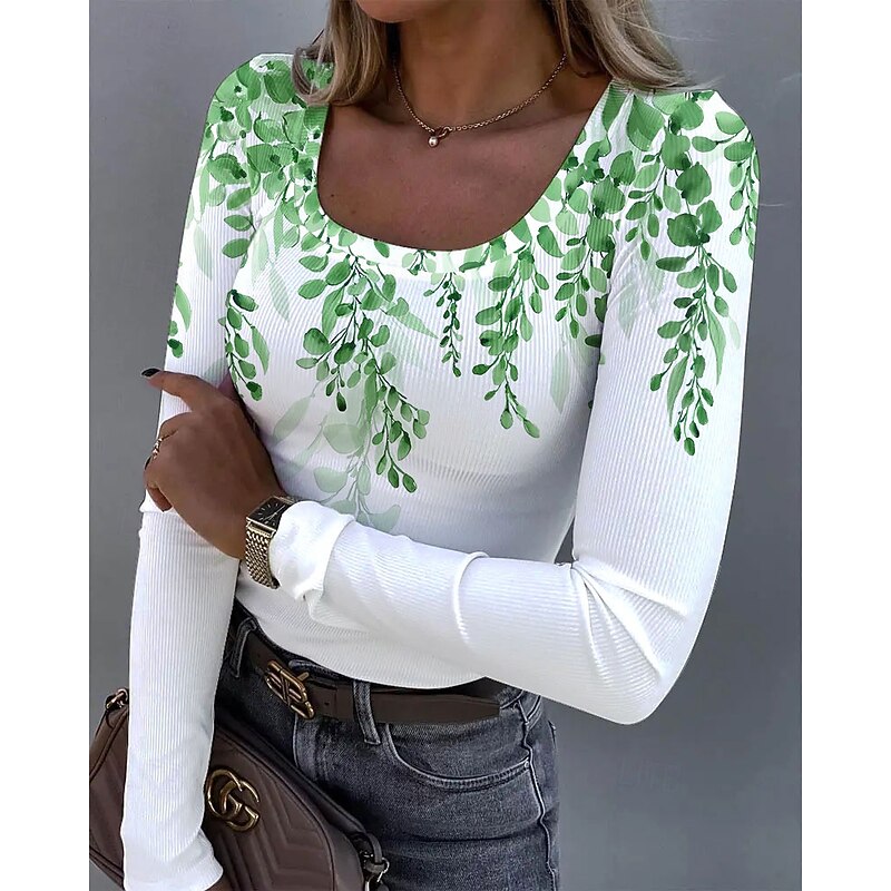 Women's T Shirt Ribbed Graphic Square Neck Long Sleeve Casual Tunic Floral Plants Vintage Stylish Regular Tops Daily Print Blue Purple Green Khaki Spring Fall4