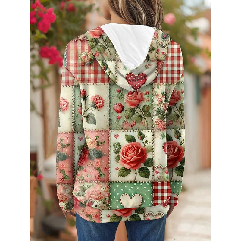 Women's 3D Print Vintage Boho Hoodie Patchwork Hoodie Sweatshirt Floral s Floral Graphic Vintage Casual Long Sleeve Hooded  Street Casual Going out Patchwork Pink Blue Purple Green Spring Fall Winter2