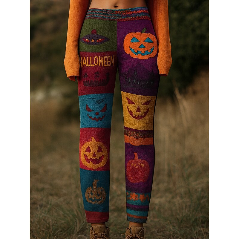 Women's Leggings Vacation Vintage Ethnic Style Full Length High WaistPantsHalloween Graphic Pumpkin Monster 3D Print Quick Dry Breathability Soft Stretchy Outdoor Home Causal Blue Orange Khaki Fall