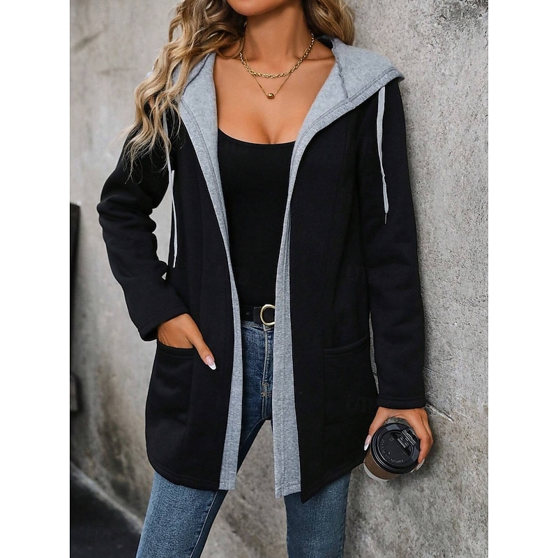 Women's Casual Jacket Hoodie Jacket Comfortable Breathable Patchwork Casual Plain Vacation Street Casual Daily Wear Open Front Regular Hoodie Regular Fit Long Sleeve Outerwear Black Gray Spring Fall2